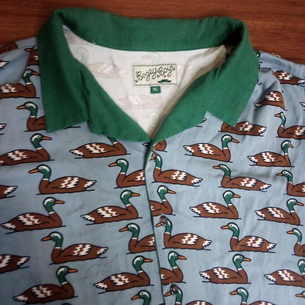 Bogey Boys Ducks Pattern Golf Button Shirt Collar
